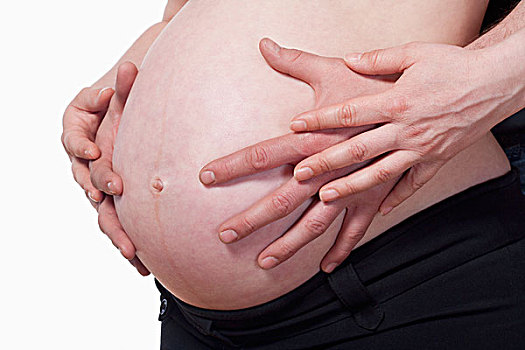 特写,怀孕,女人,接触,腹部,隔绝,白色