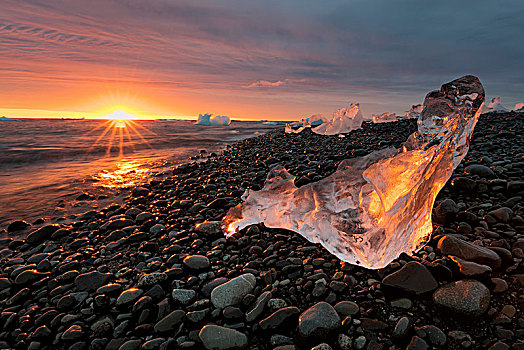 海滩,日出,杰古沙龙湖,冰岛,欧洲