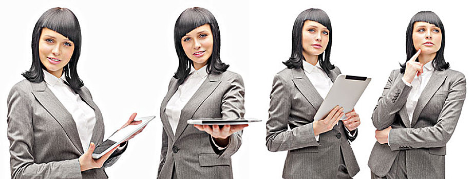 职业女性,拿着,平板电脑,隔绝,白色背景,背景,工作,接触,显示屏