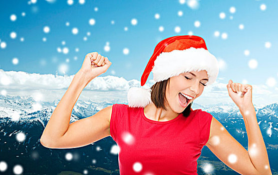 圣诞节,冬天,休假,高兴,人,概念,微笑,女人,圣诞老人,帽子,留白,红色,衬衫,上方,蓝色,雪山,背景