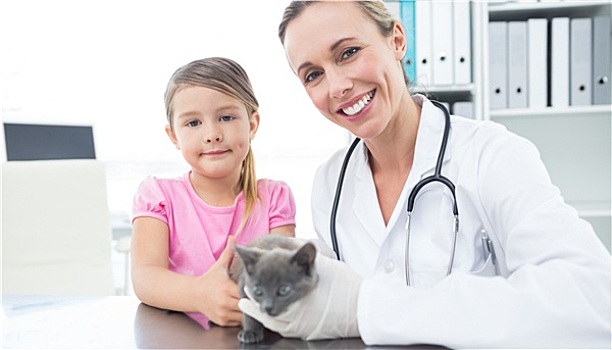 兽医,女孩,小猫,诊所