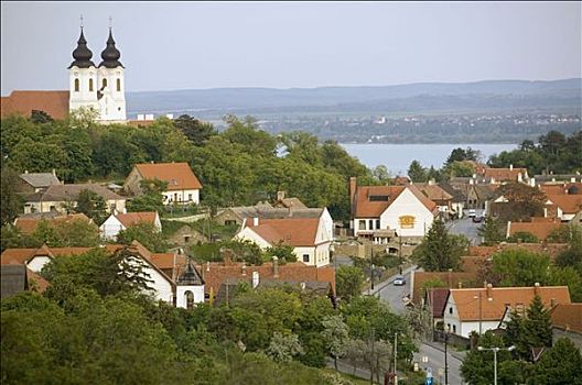 城镇景色,教堂,黄昏,巴拉顿湖,区域,匈牙利