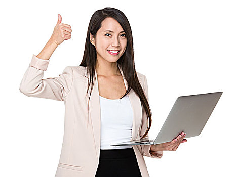 年轻,职业女性,拿着,笔记本电脑,竖大拇指