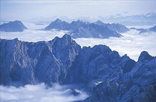 薄雾,云,顶端,山峦,阿尔卑斯山,巴伐利亚,德国,欧洲