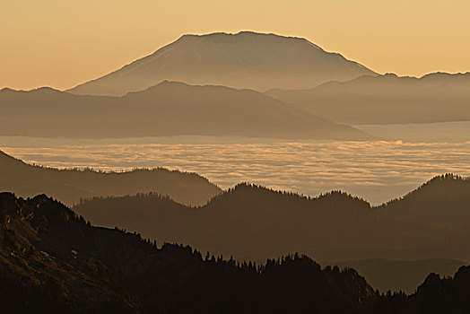 剪影,山,上方,雾状,风景