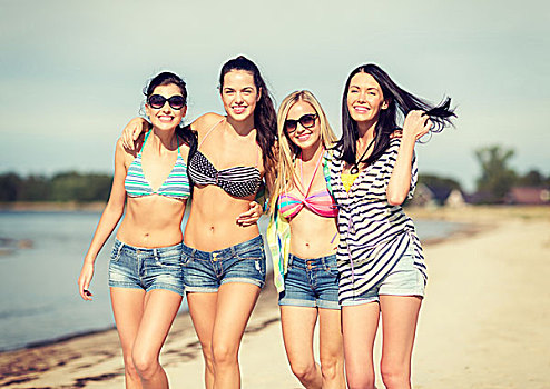 夏天,休假,度假,高兴,人,概念,群体,女孩,比基尼,走,海滩