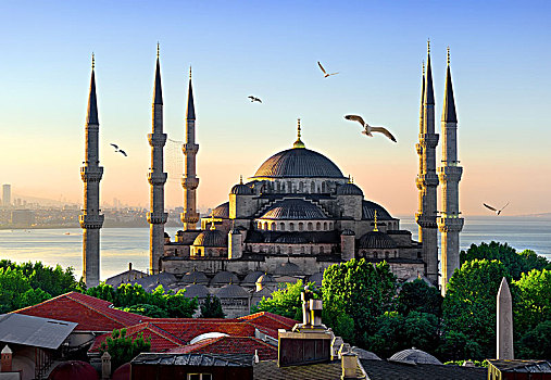 风景,蓝色背景,清真寺,马尔马拉海,伊斯坦布尔,日出,土耳其