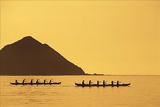 夏威夷,瓦胡岛,独木舟,剪影,橙色,岛屿