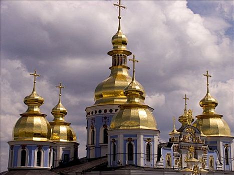 乌克兰,基辅,金色,圆顶,寺院,阳光,壁画,蓝天,云,2004年