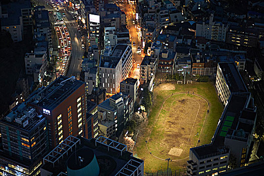 俯拍,泛光灯照明,城市,运动场,夜晚,东京,日本