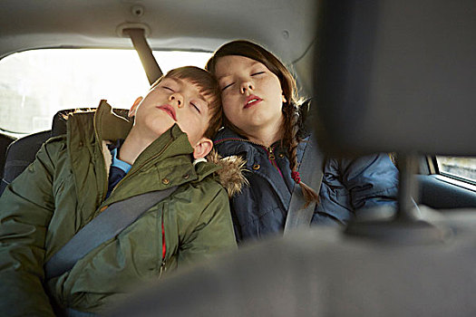 男孩,姐妹,睡觉,汽车,后座
