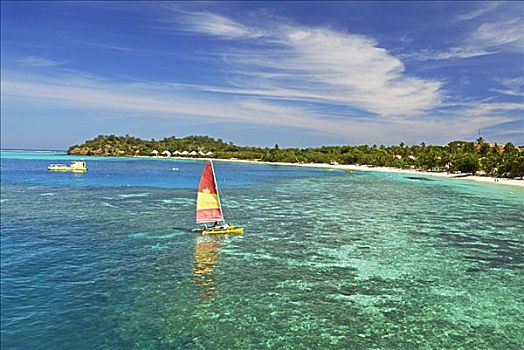 斐济,玛玛努卡群岛,马那岛,岛屿,泻湖,礁石,船,白色,沙滩,棕榈树,海洋