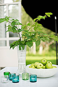 花瓶,叶子,细枝,碗,青苹果,后面,茶烛,固定器具,花园桌
