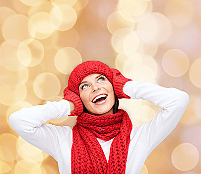 高兴,寒假,圣诞节,人,概念,微笑,少妇,红色,帽子,围巾,连指手套,上方,米色,背景