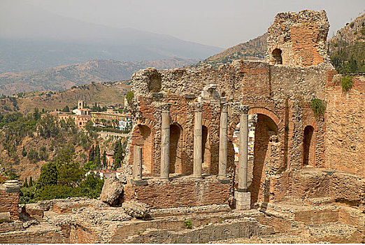 遗址,古老,希腊罗马式,圆形剧场,陶尔米纳,墨西拿,西西里,意大利