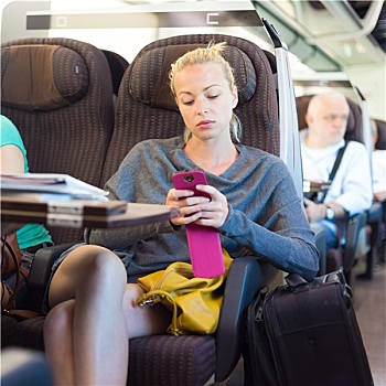 女士,旅行,列车,智能手机