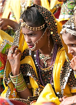 未知,群体,女孩,彩色,种族,衣服,普什卡,拉贾斯坦邦,印度