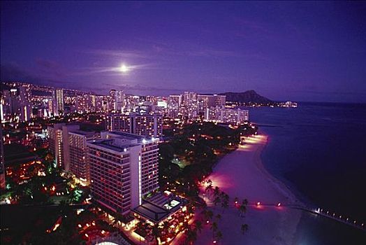 夏威夷,瓦胡岛,怀基基海滩,夜晚,乡村,月亮,云