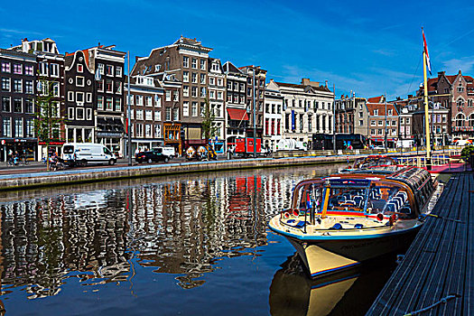 特色,建筑,线条,街道,游船,停泊,海堤,运河,阿姆斯特丹,荷兰