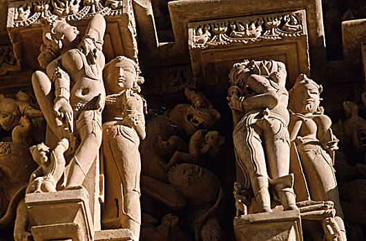 石头,雕刻,场景,克久拉霍,庙宇,中央邦,印度,亚洲