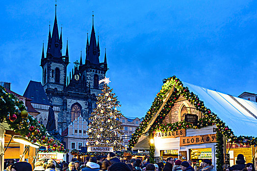 布拉哈,圣诞市场,老城广场,旧城广场,泰恩教堂,布拉格,捷克
