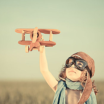 高兴,儿童,玩,飞机模型,蓝色,夏日天空,背景