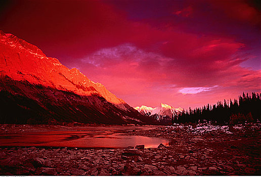 药湖,日落,碧玉国家公园,艾伯塔省,加拿大
