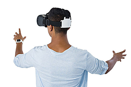 男人,虚拟现实,耳机,后视图,白色背景
