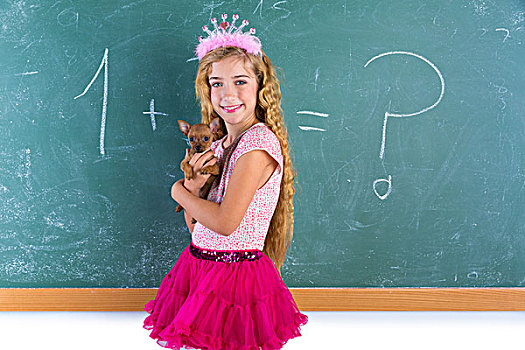 金发,公主,女生,拿着,宠物,吉娃娃,小狗,狗,教室,绿色,黑板