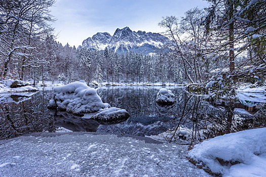 德国,巴伐利亚,巴伐利亚阿尔卑斯山,风景,上方,冬天