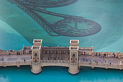 阿联酋,迪拜,市区,步行桥,喷泉,俯视图