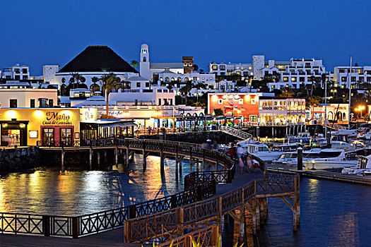 水岸,蓝色,钟点,夜景,餐馆,码头,普拉亚布兰卡,兰索罗特岛,加纳利群岛,西班牙,欧洲