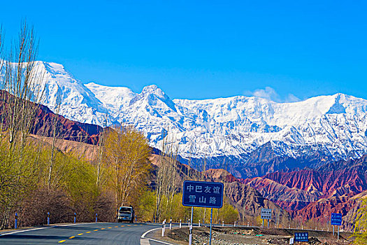 新疆,雪山,红山石,蓝天,公路,树木