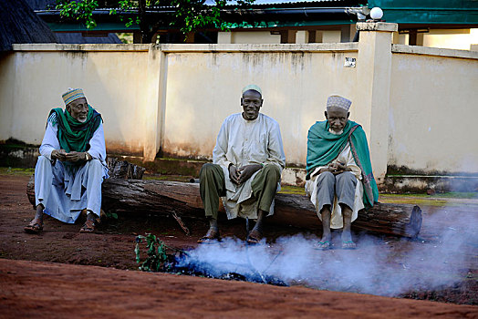 三个男人,坐,路边,乡村,指导,火,区域,喀麦隆,非洲
