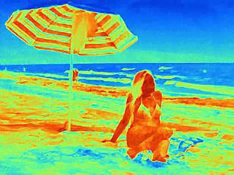 热成像,美女,坐,海滩,下面,伞