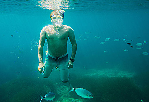 水下视角,成熟,男人,海洋,潜水,米诺卡岛,巴利阿里群岛,西班牙