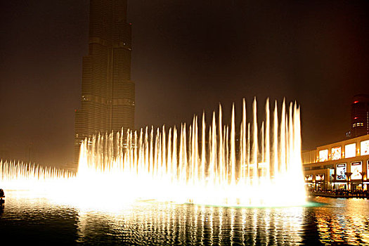 喷泉,湖,迪拜,晚间,展示,市区,阿联酋,中东