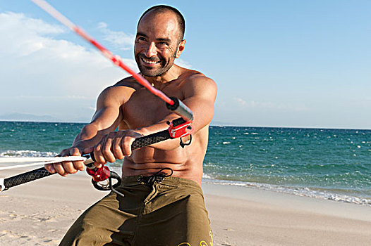 一个,男人,帆板运动,设备,海滩,安达卢西亚,西班牙