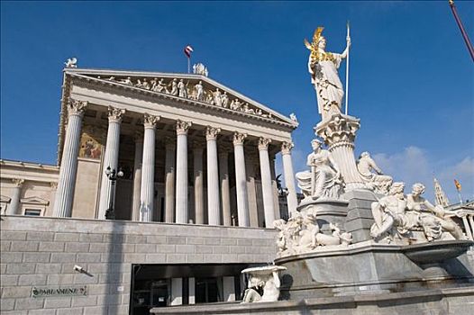 喷泉,正面,议会,维也纳,奥地利,仰视