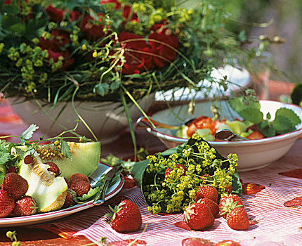 夏天,桌子,草莓,瓜,斗篷草