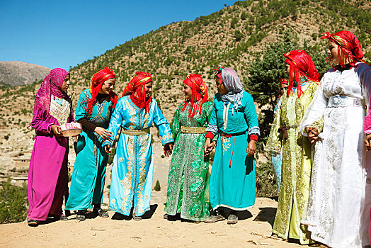 跳舞,女人,彩色,服装,婚礼,庆贺,阿特拉斯山区,省,摩洛哥,非洲