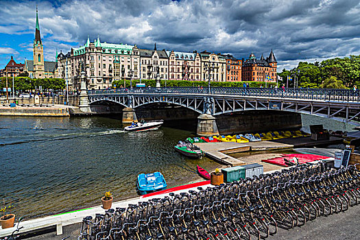 自行车,划船,船,待租,靠近,尤尔格丹,桥,岛屿,斯德哥尔摩,瑞典