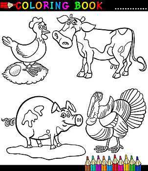 卡通,家畜,上色画册