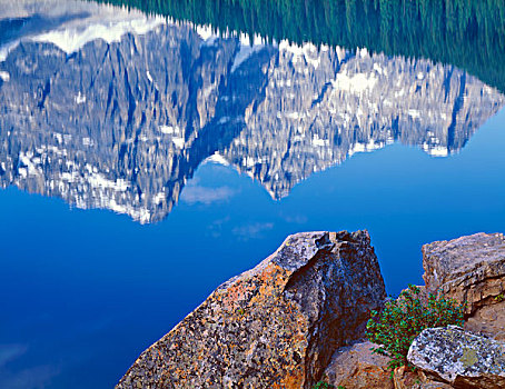 加拿大,艾伯塔省,班芙国家公园,苔藓,遮盖,海岸线,石头,反射,顶峰,表面,冰碛湖,大幅,尺寸