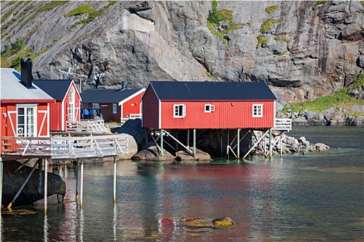红色,黄色,木质,捕鱼,小屋,挪威