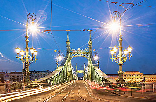 自由,桥,光亮,夜晚,多瑙河,匈牙利,布达佩斯