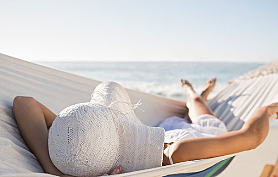 宁和,女人,太阳帽,放松,吊床,海滩