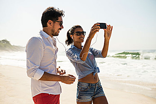 情侣,分享,音乐,智能手机,海滩,里约热内卢,巴西