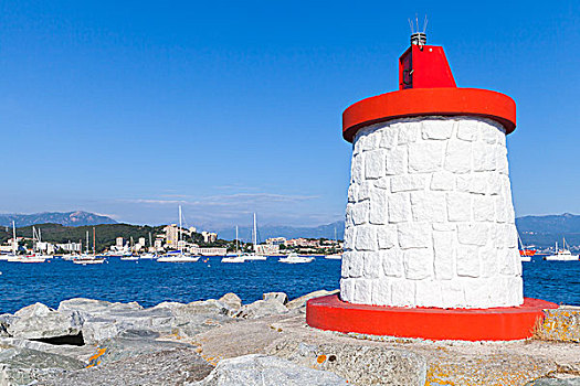 阿雅克肖,码头,入口,红色,白色,灯塔,科西嘉岛,法国