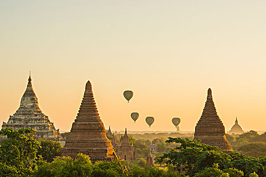 缅甸,蒲甘,热气球,上升,上方,庙宇
